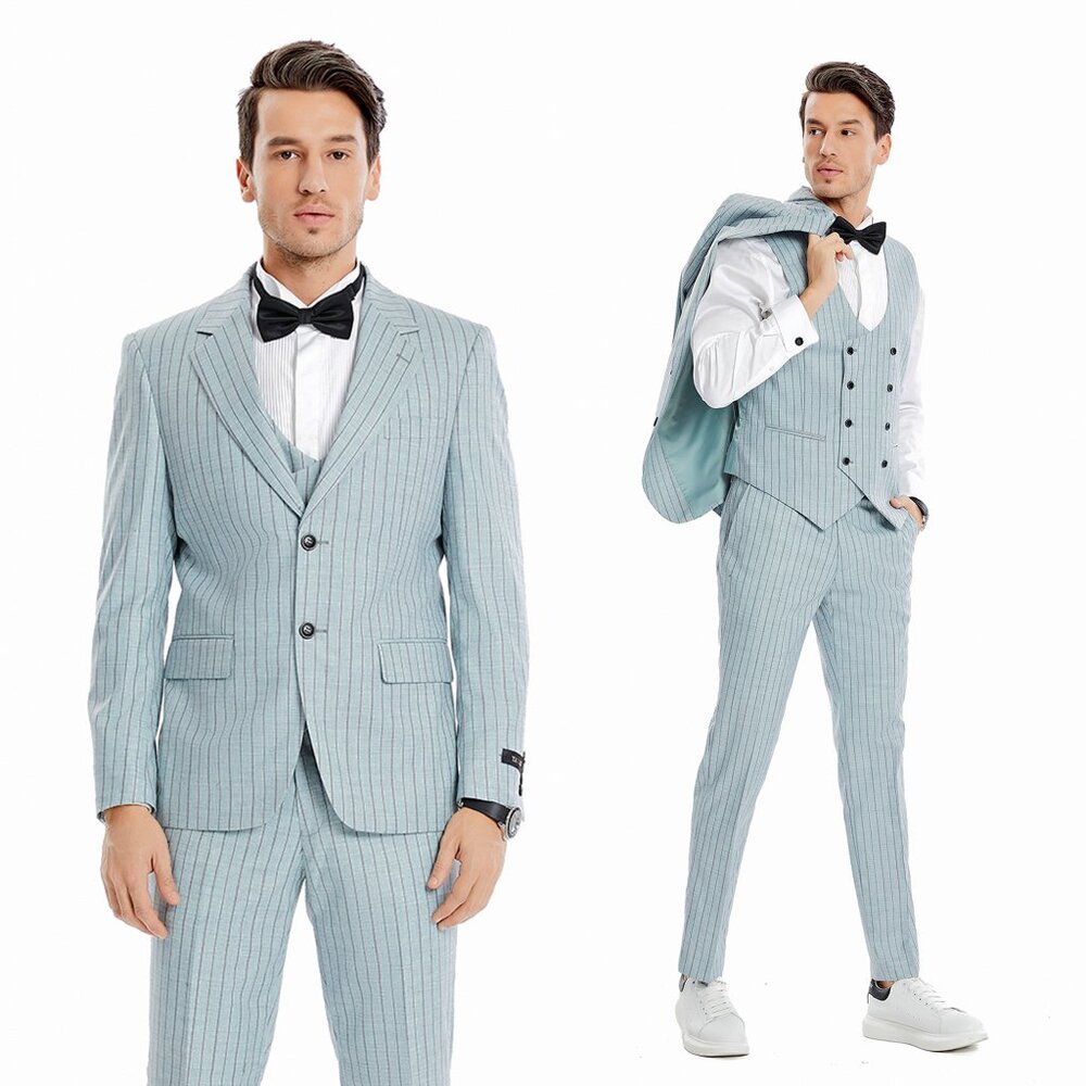 Men's Pinstripe 3-Piece Suit w/ Double Breasted Vest, Mint Grey